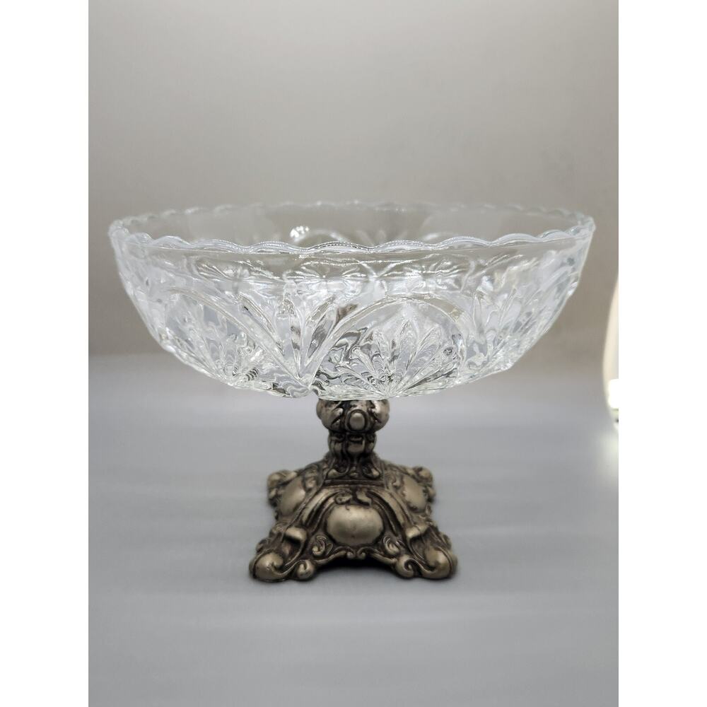 Vintage Hollywood Regency Crystal Cut Compote Bowl with Decorative Silver Pedast